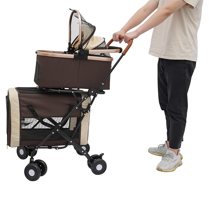 Double Pet Stroller for Dogs and Cats, Foldable Dog Stroller Travel Carriage with Detachable Carriers, Safety Belts, and 4 Lockable Wheels for Small to Medium Pets (Coffee Color)