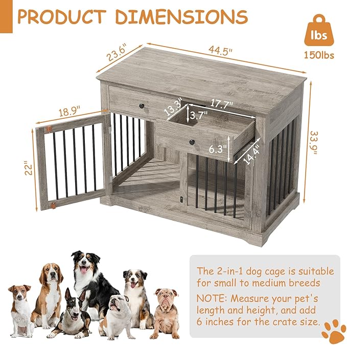 Dog Crate Furniture, 44 Inch Wooden Dog Kennel Indoor with 2 Storage Drawers, Heavy Duty Large Crate Furniture, Decorative End Table Cage Furniture for Small/Medium/Large (Grey)