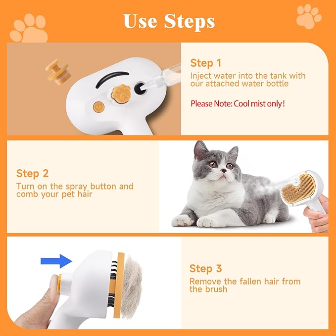 Cat Steam Brush, Pet Steam Brush for Cat & Dog, Mist Spray Comb, Spritz Defur Tool, Water Grooming Kit, Dog Hair Removal Steam Cleaner with Release Button-Contains 2*shampoo