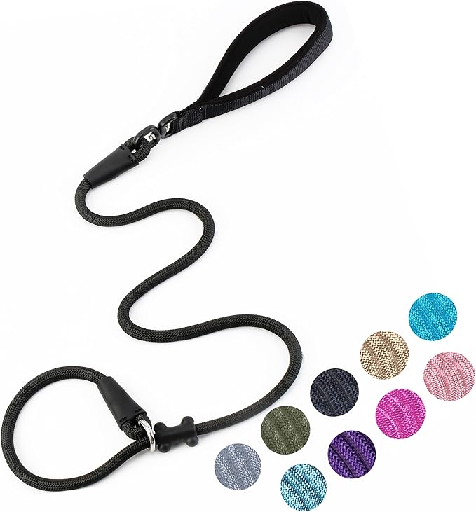 Slip Lead Dog Leash,Strong Nylon Rope Leash and Padded Handle,No Pull Outdoor Walking Training Lead for Small Medium Large Dogs(Black, 1/2"×4ft)