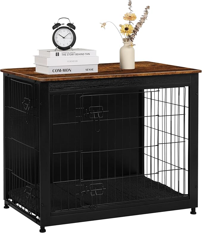 DWANTON Dog Crate Furniture with Cushion, Wooden Kennel Table with Double Doors, Indoor Dog House, Medium Size, 32.5" L, Black+Rustic Brown