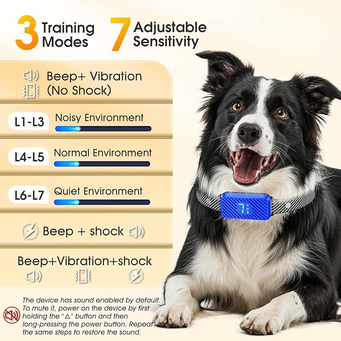 Dog Bark Collar for Large Medium Small Dogs, Rechargeable No-Bark Collar, Smart Barking Collar, Effective Bark Collar with 7-Level Sensitivity, 3 Beep & Vibration Modes, Waterproof, SkyBlue