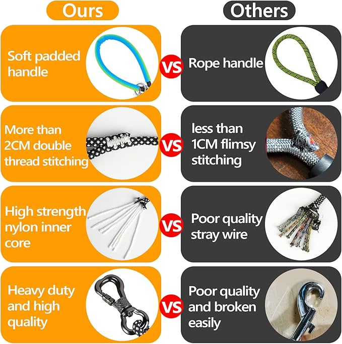 NTR Dog Training Leash, 50FT Rope Puppy leash with 2 Swivel Hooks, Reflective Threads and Comfortable Padded Handle, Puppy Leash for Walking, Hunting, Camping, Backyard for Small Medium and Large Dogs