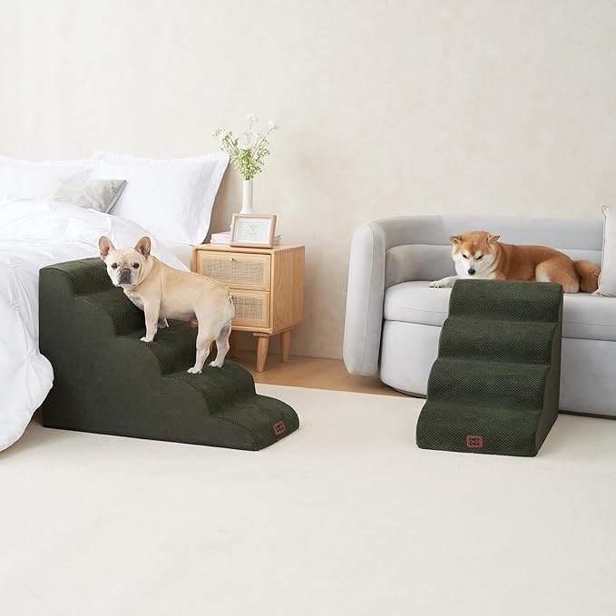 EHEYCIGA Curved Dog Stairs Ramp for High Beds 22.6" H, 5-Step Dog Steps for Small Dogs and Cats, Pet Stairs for High Bed Climbing, Non-Slip Balanced Pet Step Indoor, Olive Green