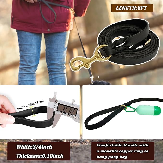 LWBMG Black Leather Dog Leash 8ft, Heavy Duty, Strong and Sturdy Braided, Soft and Comfortable for Medium Large Dogs Training and Walking