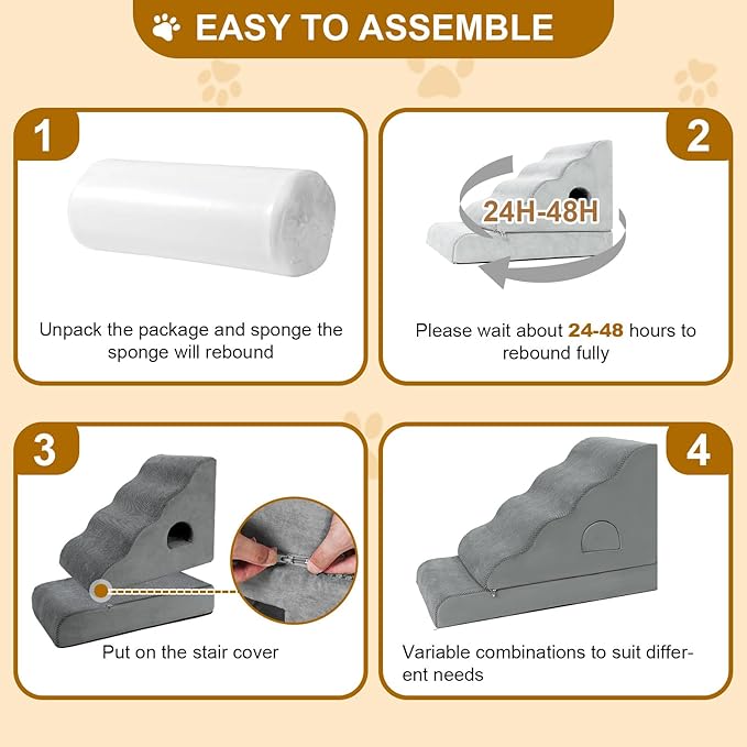 Dog Stairs for Small Dogs 24.6" H, 5-Step Dog Steps for High Bed, High-Density Foam Curved Pet Stairs with Non-Slip Removable Washable Cover to Get on Bed