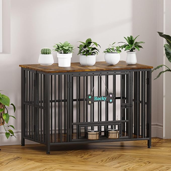 Easycom 41" Dog Crate Furniture Foldable, No Assembly Decorative Dog Kennel Indoor, Dog Crates for Large Dogs (40–65 lbs), Wooden Dog Cage with Adjustable Bowls and Name Tag, End Table, Rustic Brown