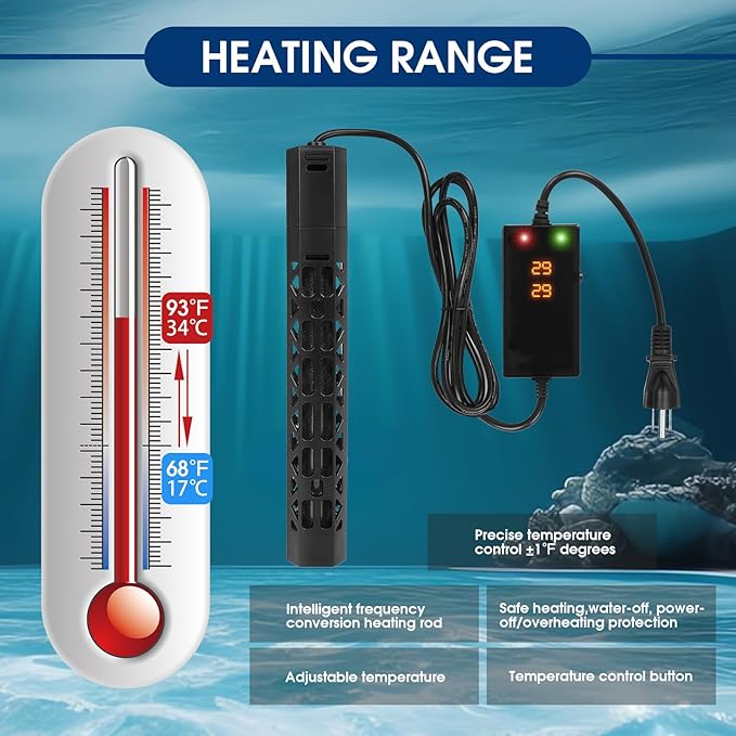 1000w Aquarium Heater, Submersible Fish Tank Heater,Intelligent Frequency Conversion with Over-Temperature Protection and Automatic Power-Off When Leaving Water for