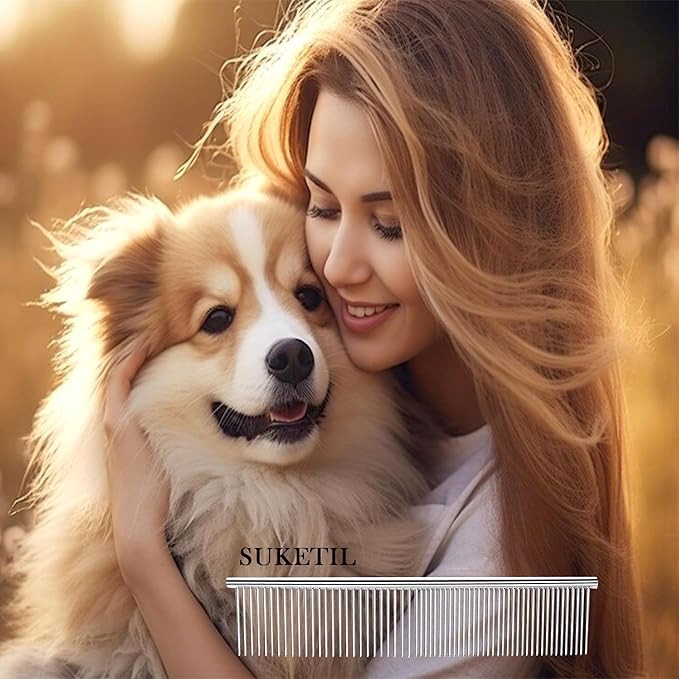 Dog Comb and Cat Combs Stainless Steel Teeth, Grooming Tool for Long & Short Hair, Dematting Comb for Dogs, Removes Tangles & Knots (Large Silver)
