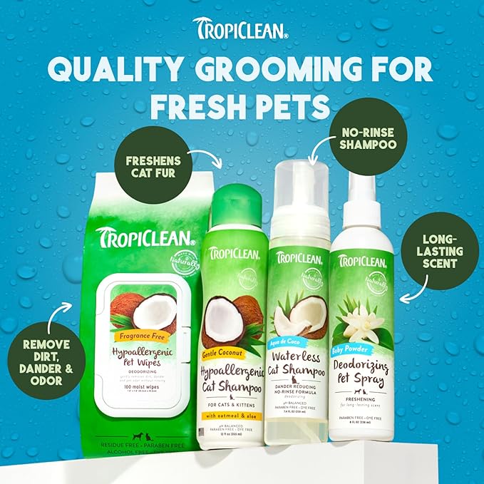 TropiClean Dog Perfume, Long Lasting Baby Powder Cologne, Deodorizing Spray for Smelly Dogs, After Bath Detangling Spray with Vitamin E, Safe for Cats, 8oz.