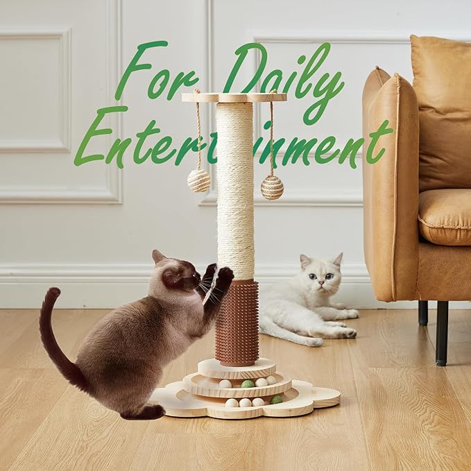Cat Sisal Scratching Post, 4 in 1 Wooden Cat Scratcher Toy with Groomer, 24" Tall Scratch Post with 2-Layer Interactive Track Balls, Cat Climbing Tree with 2 Hanging Balls for Kittens