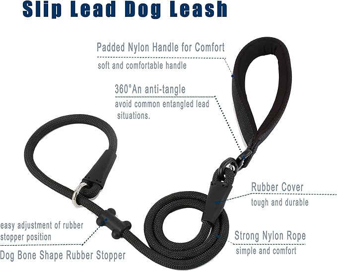 Slip Lead Dog Leash,Strong Nylon Rope Leash and Padded Handle,No Pull Outdoor Walking Training Lead for Small Medium Large Dogs(Black, 1/2"×4ft)