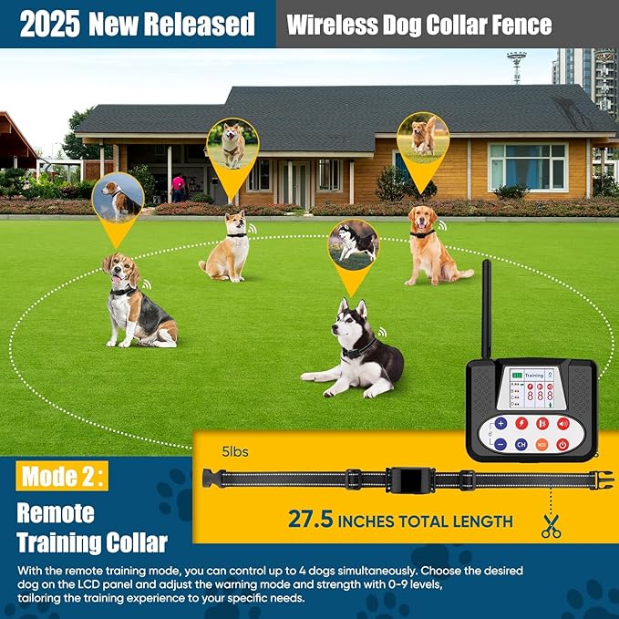 Electric Fence for Dogs, Wireless Dog Fence System, with Big LCD Color Screen, Portable Wireless Pet with Remote Training Collar, Dog Perimeter, Adjustable Collar for Big Medium Small Dogs