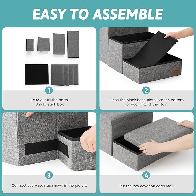 Dog Stairs with Storage, 4-Step Wider Sturdy Dog Steps for Small/Medium/Large Dogs and Older Cats, Folding Doggie Ramp for Bed/Couch/Car Hold Up to 180 lbs (22" H, Grey)