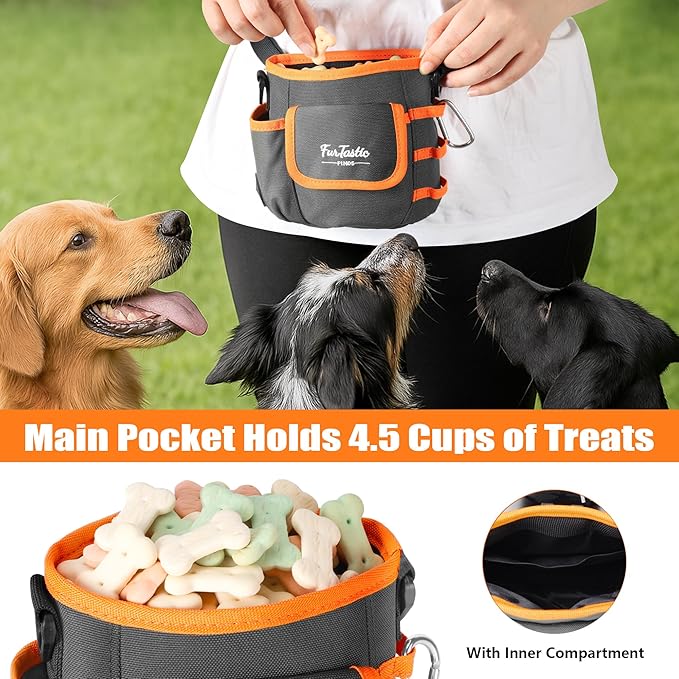 Dog Treat Pouch with Quick-Release Magnetic Closure, 3-Way Wear Treat Bags, 900D Waterproof Fabric, 4 Storage Spaces, Treat Pouch for Pet Training Walking (Grey)