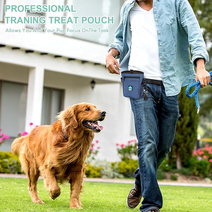 Dog Treat Pouch Magnetic Closure with Training Clicker,Hands-Free Design to Prevent Spills,Built in Poop Bag Dispenser,3 Ways To Wear,Metal Clip Waist Belt and Fanny Pack for Pet Walking(Blue)