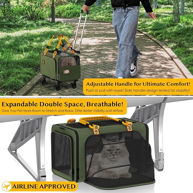 PAWZIDEA Expandable Pet Carrier with Wheels, 18X11X11 TSA Airline Approved Cat Carrier w/ID Card for 2 Cats, Small Dog Carrier Car Seat Travel Bag, Max Weight Recommendation 18 lbs,Green