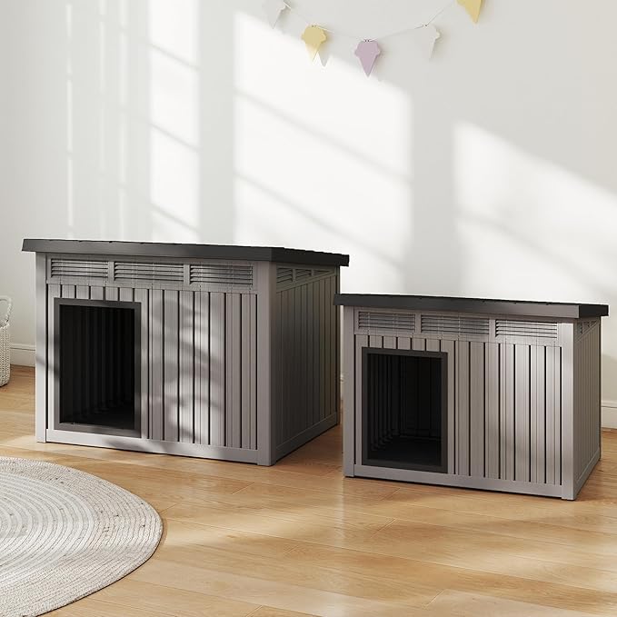 Dog House Indoor Outdoor,Resin Waterproof Puppy Shelter with Air Vents and Elevated Floor,Air Rod on Top to Open,Dog Kennel for Small to Large Dogs(Grey,42.87 * 32.95 * 31.61)
