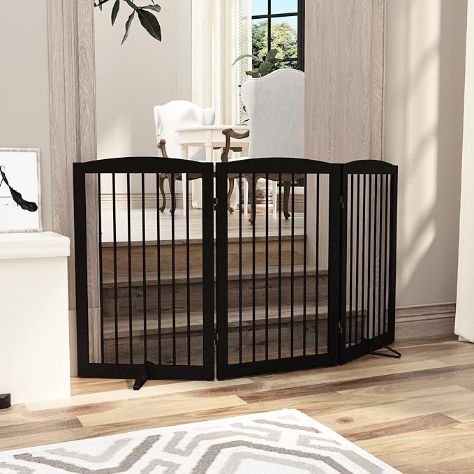 Freestanding Pet Gate for Dogs, Foldable Wooden Dog Gate for House Indoor, Tall Pet Fence for Stair, Doorway,Hall, Support Feet Included, 3 Panels 32",Brown