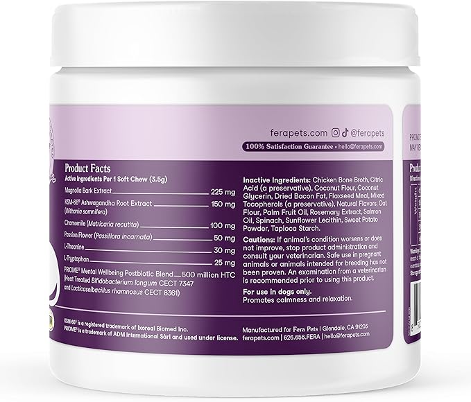 Fera Pets Dog Calming Chews with Ashwagandha & Priome® Mental Wellbeing Postbiotic Blend - Supports Anxiety Relief - Promotes Relaxation - 90 Soft Chews