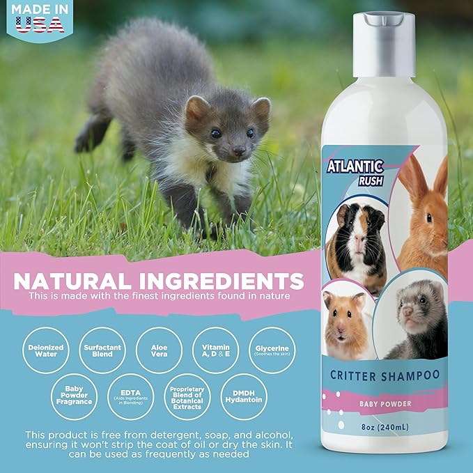 Critter Shampoo for Small Pets - 8oz Small Animal Baby Powder Scented Shampoo - Pet Shampoo for Small Critters Including Ferrets, Guinea Pigs, Rabbits, Hedgehogs, Hamsters & Sugar Gliders
