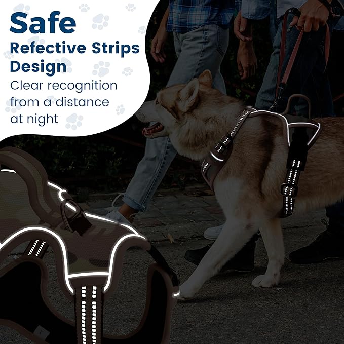 Funfox Dog Harness No Pull, Adjustable Pet Vest Harness, Super Soft Material with Vertical Handle Easy Control, Reflective Night Walking, 2 Leash Clips for XLarge Dogs, Camo Brown, XL