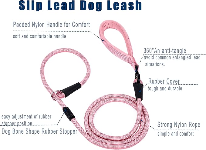 Slip Lead Dog Leash,Strong Nylon Rope Leash and Padded Handle,No Pull Outdoor Walking Training Lead for Small Medium Large Dogs(Pink, 1/2"×6ft)