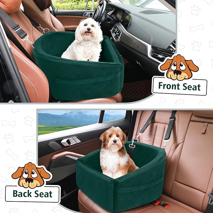 Dog Car Seat for Small Medium Dogs,Detachable Washable Dog Booster Seat Under 30lbs, Pet Car Seats Travel Bed with Storage Pockets and Safety Belt(Green)