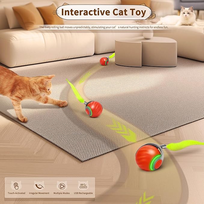 Speedy Tail 2.0 Interactive Cat Toy β Smart Self-Rolling Cat Ball with Feather Tail, Automatic Moving Motorized Toy for Indoor Cats, Chasing & Hunting Fun (Orange)
