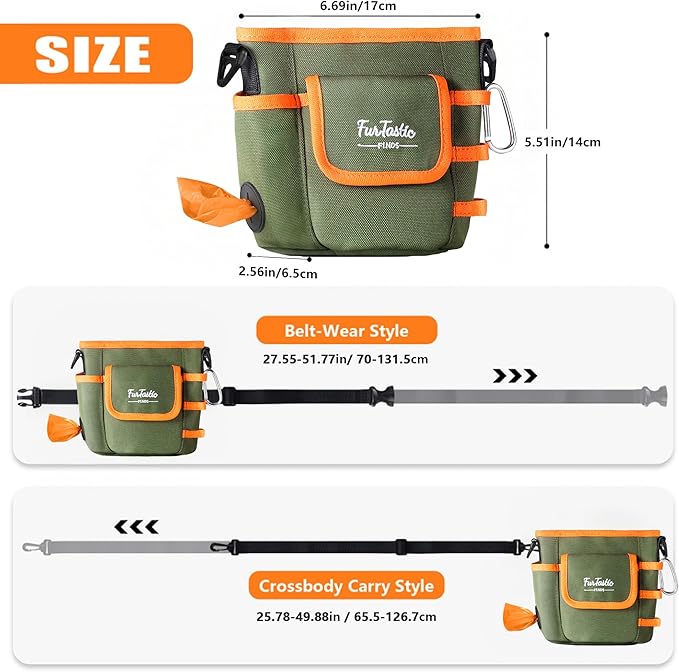 Dog Treat Pouch with Quick-Release Magnetic Closure, 3-Way Wear Treat Bags, 900D Waterproof Fabric, 4 Storage Spaces, Treat Pouch for Pet Training Walking (Green)