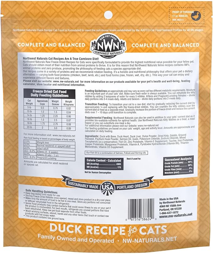 Northwest Naturals Freeze-Dried Duck Cat & Kitten Food, Grain-Free, Bite-Sized Nibbles. Healthy, Limited, Human-Grade Ingredients, Complete & Balanced, All-Natural, High-Protein Diet, USA Made, 11 oz