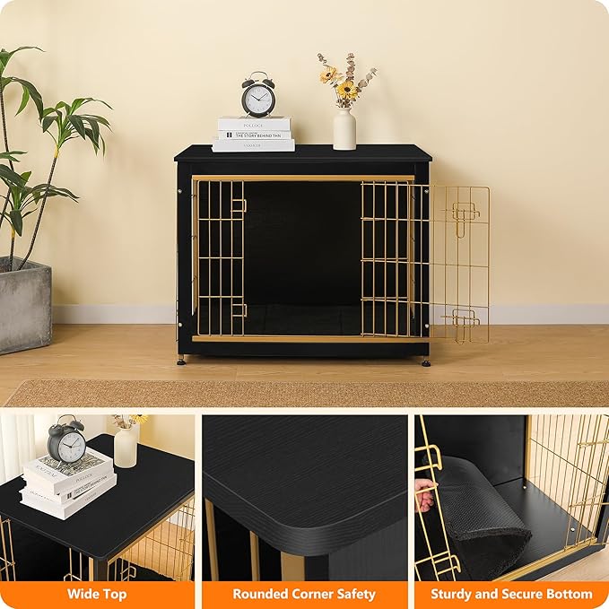 DWANTON Dog Crate Furniture with Cushion, Wooden Kennel Table with Double Doors, Indoor Dog House, Medium Size, 32.5" L, Black+Gold