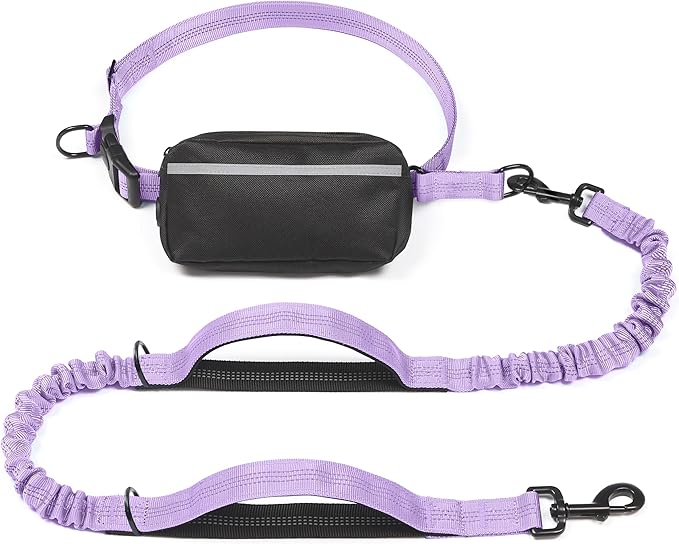 iYoShop Hands Free Dog Leash with Zipper Pouch, Dual Padded Handles and Durable Bungee for Walking, Jogging and Running Your Dog (Lavender, 8-25 lbs, Medium)