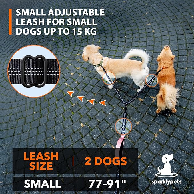 SparklyPets - Hands Free Double Dog Leash - Dual Leash for 2 Small Dogs - with Padded Handles, Reflective Stitches - No Pull, Tangle Free, for Dog Walking, Hiking, Canicross - for Small Dogs
