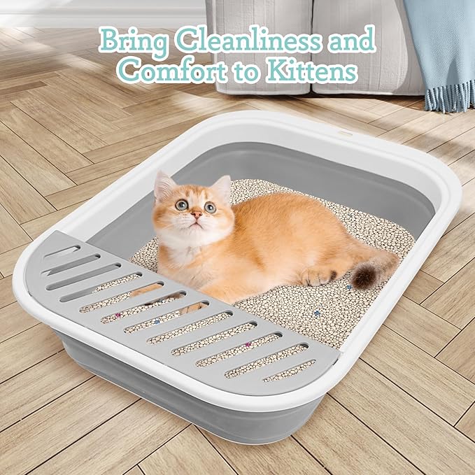Fhiny Cat Litter Box Portable Shallow Litter Box 17.7"x13.4"x4.9" Foldable Cat Toilet with Scoop Open Kitty Potty Pan with Litter Drop Pedal Easy to Clean Travel Kitten Toilet(Gray)