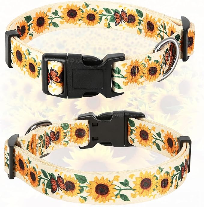 HEELE Dog Collar, Adjustable Soft Dog Collar for Small Medium Large Dogs,Sunflower Floral Patterned Puppy Collars with Quick Release Buckle Sunflower Yellow L Length 15.94''-25.59'