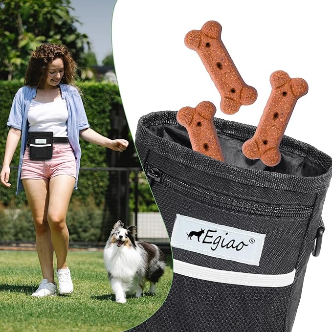 Dog Treat Pouch with Drawstring Closure, Puppy Training Bag, Built-in Pet Poop Bag Dispenser, Waist Belt Clip, 3 Ways to Wear