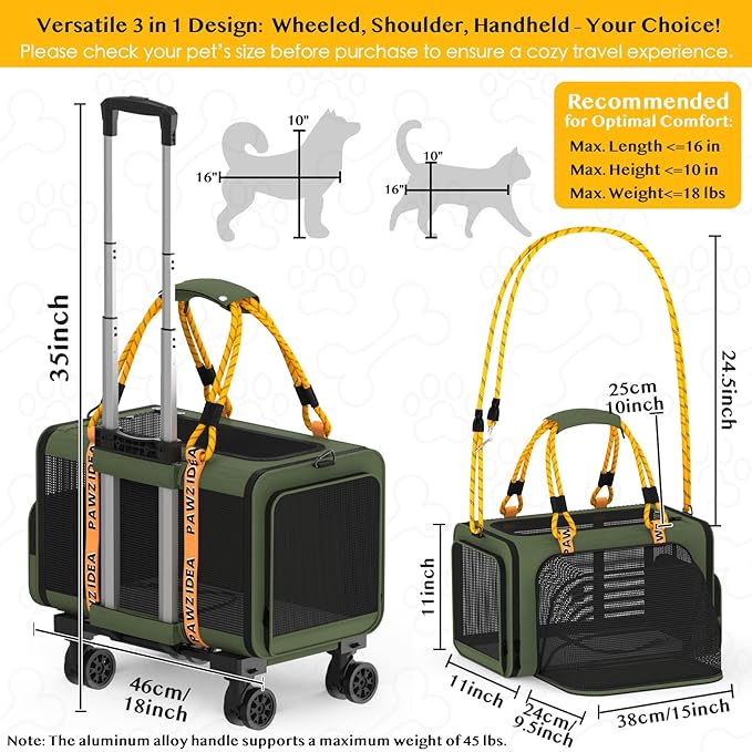 PAWZIDEA Expandable Pet Carrier with Wheels, 18X11X11 TSA Airline Approved Cat Carrier w/ID Card for 2 Cats, Small Dog Carrier Car Seat Travel Bag, Max Weight Recommendation 18 lbs,Green