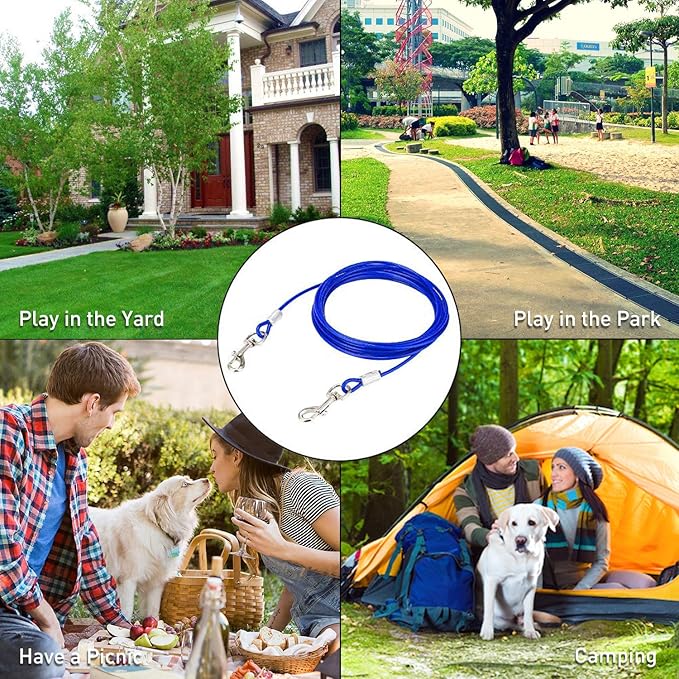 Evilplan Dog Tie Out Cable and Stake, 20ft Outside Dog Leash&Chain for Camping and Yard, 16'' Heavy Duty Anti Rust Spiral Stake for Medium-Large Dogs Up to 125 lbs (20FT, Blue)