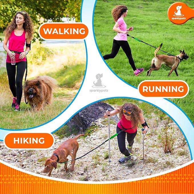 SparklyPets - Hands Free Dog Leash with Reflective Stitches - Waist Leash for Dog Walking, Hiking, Training, Jogging, Canicross, Running - for Medium & Large Breeds