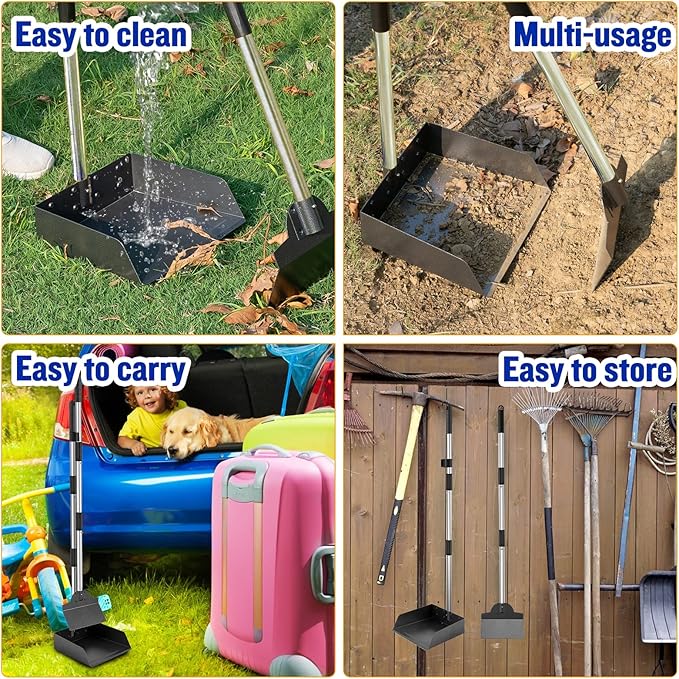 Dog Pooper Scooper, Tray Rake and Spade 3 Pack Poop Scoop Adjustable Long Handle Metal with Bin for Pet Waste Removal, No Bending Clean Up for Large and Small Dogs