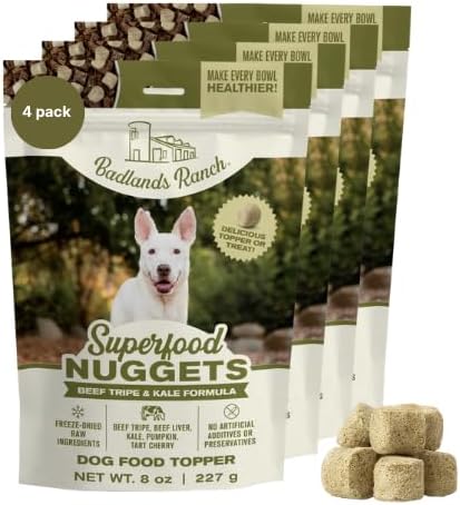 Superfood Nuggets- Premium, Freeze-Dried raw Dog Food Topper or Treat. Powerful Nutrient-Dense Ingredients. No Artificial additives. Beef Tripe and Kale Formula 8oz - 4pk Bundle