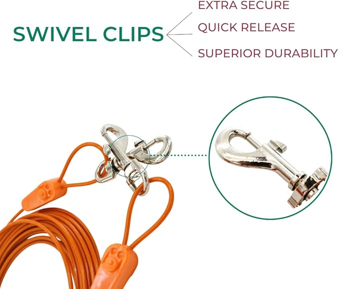 100FT Tie-Out Cables for Large Dogs - Strong, Safe, and Durable Dog Tie-Outs for up to 250 Pounds - Weather and Wear Resistant Galvanized Aircraft Cable for Outside Use