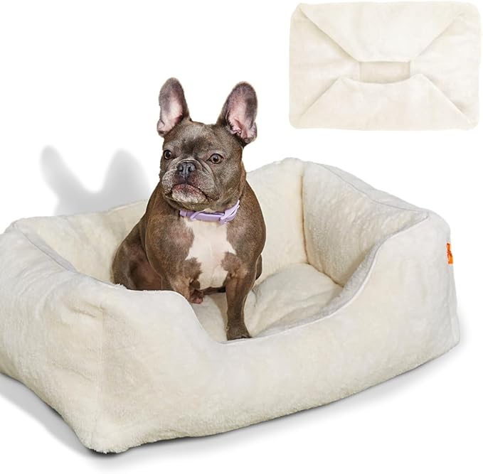 FUZI Luxury Aesthetic Dog Bed with Extra Cover for Small Dogs, Washable Pet Couch, Pet Bed with Sides, Non-Slip Bottom, Soft & Durable Calming Dog Bed, Faux Rabbit Fur, Small 25.1x16.75x9.5 Soft White