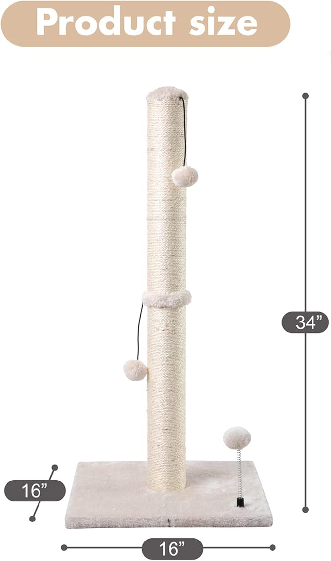 MECOOL 34” Tall Cat Scratching Post Premium Basics Kitten Scratcher Sisal Scratch Posts Trees with Hanging Ball for Indoor Cats, Beige