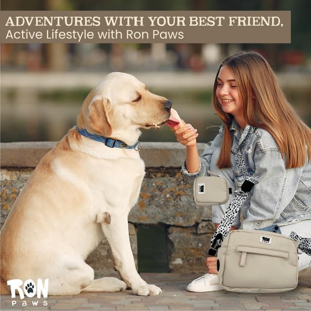 Dog Walking Crossbody with Treat Pouch & Tripod - Hands-Free Storage with Phone Holder, Poop Bag Dispenser, Hook for Used Poop Bags & Training Features (Beige)