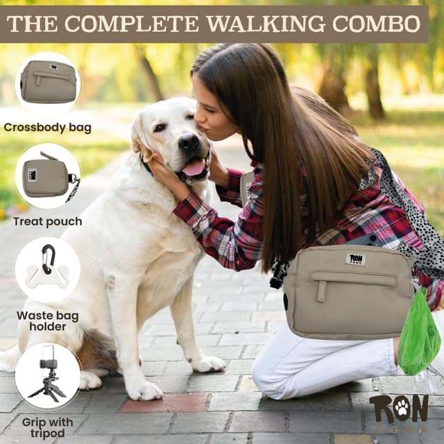 Dog Walking Crossbody with Treat Pouch & Tripod - Hands-Free Storage with Phone Holder, Poop Bag Dispenser, Hook for Used Poop Bags & Training Features (Beige)