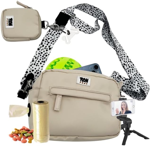 Dog Walking Crossbody with Treat Pouch & Tripod - Hands-Free Storage with Phone Holder, Poop Bag Dispenser, Hook for Used Poop Bags & Training Features (Beige)