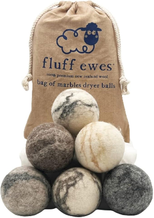 Fluff Ewes Wool Dryer Balls 6 Pack Premium New Zealand Wool Laundry Balls for Dryer, No Static Dryer Balls Laundry Reusable Cute, XL Wool Dryer Balls Cute, Baby Dryer Balls for Dryers - Marble
