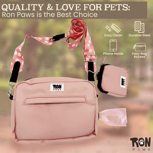 Dog Walking Crossbody with Treat Pouch & Tripod - Hands-Free Storage with Phone Holder, Poop Bag Dispenser, Hook for Used Poop Bags & Training Features (Pink)